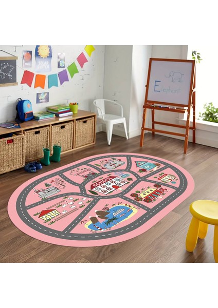 Dijital Baskılı Kaymaz Yıkanabilir Eğlenceli Eğitici Oval Çocuk Odası Halısı, N-O-Çocuk-02-Pembe,