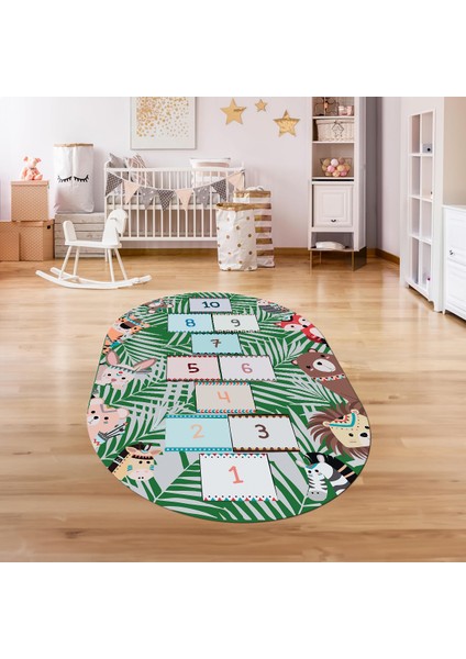 Dijital Baskılı Kaymaz Yıkanabilir Eğlenceli Eğitici Oval Çocuk Odası Halısı, N-O-Çocuk-28-Yeşil,