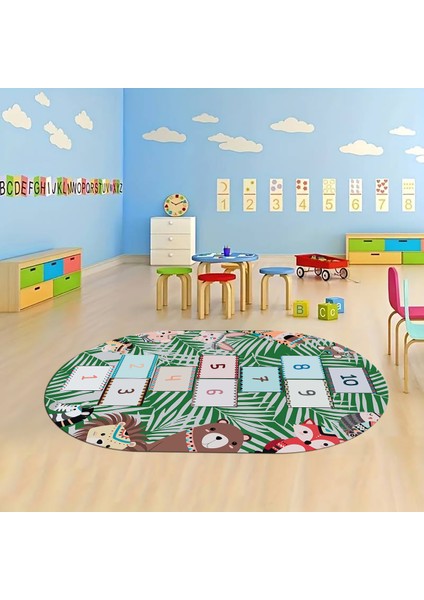 Dijital Baskılı Kaymaz Yıkanabilir Eğlenceli Eğitici Oval Çocuk Odası Halısı, N-O-Çocuk-28-Yeşil,