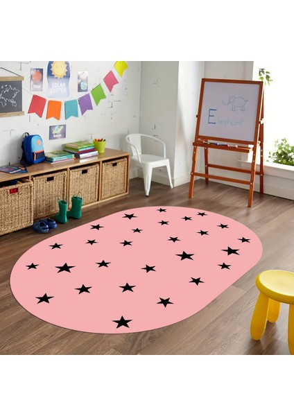 Dijital Baskılı Kaymaz Yıkanabilir Eğlenceli Eğitici Oval Çocuk Odası Halısı, N-O-Çocuk-32-Pembe,