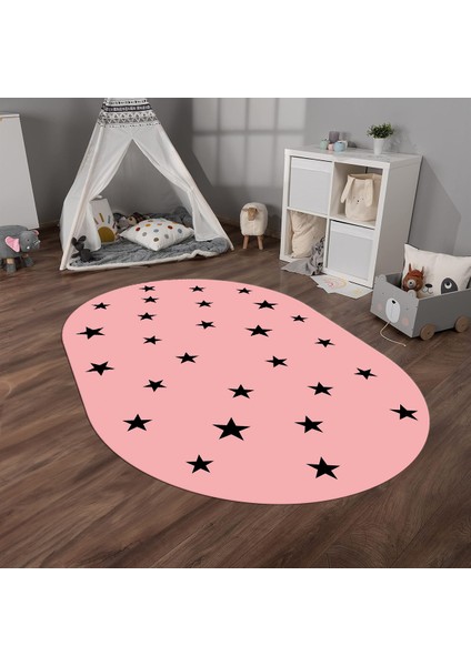 Dijital Baskılı Kaymaz Yıkanabilir Eğlenceli Eğitici Oval Çocuk Odası Halısı, N-O-Çocuk-32-Pembe,