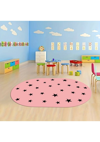 Dijital Baskılı Kaymaz Yıkanabilir Eğlenceli Eğitici Oval Çocuk Odası Halısı, N-O-Çocuk-32-Pembe,