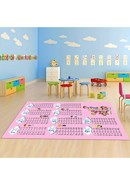 Dijital Baskılı Kaymaz Taban Yıkanabilir Eğlenceli Eğitici Çocuk Odası Halısı, N-Çocuk-05-Pembe,