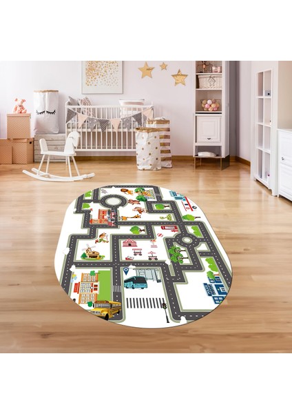 Dijital Baskılı Kaymaz Yıkanabilir Eğlenceli Eğitici Oval Çocuk Odası Halısı, N-O-Çocuk-20-Renkli,