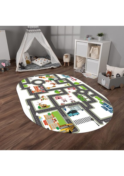 Dijital Baskılı Kaymaz Yıkanabilir Eğlenceli Eğitici Oval Çocuk Odası Halısı, N-O-Çocuk-20-Renkli,