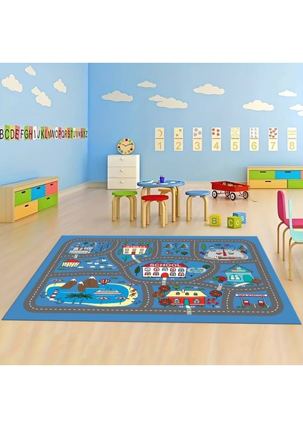 Dijital Baskılı Kaymaz Taban Yıkanabilir Eğlenceli Eğitici Çocuk Odası Halısı, N-Çocuk-02-Mavi,