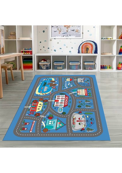 Dijital Baskılı Kaymaz Taban Yıkanabilir Eğlenceli Eğitici Çocuk Odası Halısı, N-Çocuk-02-Mavi,