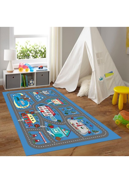 Dijital Baskılı Kaymaz Taban Yıkanabilir Eğlenceli Eğitici Çocuk Odası Halısı, N-Çocuk-02-Mavi,