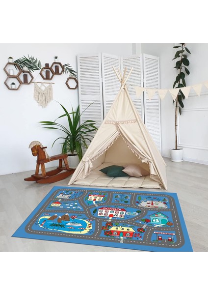 Dijital Baskılı Kaymaz Taban Yıkanabilir Eğlenceli Eğitici Çocuk Odası Halısı, N-Çocuk-02-Mavi,