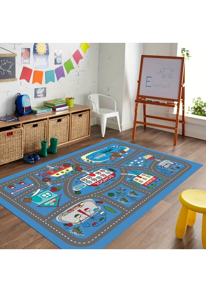 Dijital Baskılı Kaymaz Taban Yıkanabilir Eğlenceli Eğitici Çocuk Odası Halısı, N-Çocuk-02-Mavi,