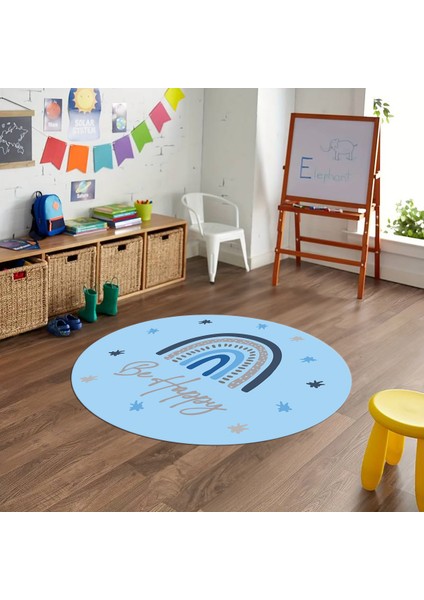 Dijital Baskılı Kaymaz Yıkanabilir Eğlenceli Yuvarlak Çocuk Odası Halısı, N-Y-Çocuk-14-Mavi,