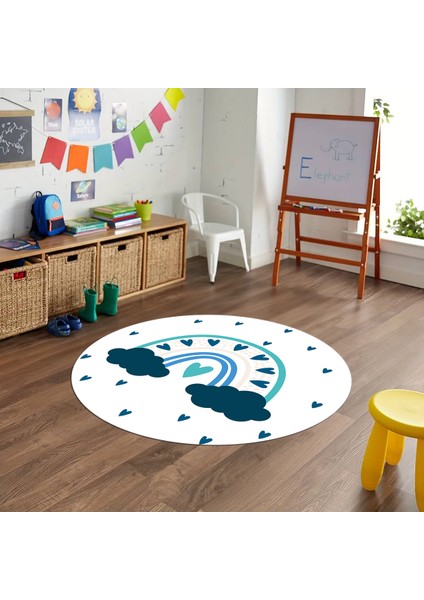 Dijital Baskılı Kaymaz Yıkanabilir Eğlenceli Yuvarlak Çocuk Odası Halısı, N-Y-Çocuk-15-Mavi,