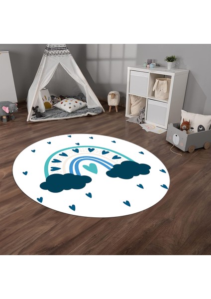 Dijital Baskılı Kaymaz Yıkanabilir Eğlenceli Yuvarlak Çocuk Odası Halısı, N-Y-Çocuk-15-Mavi,
