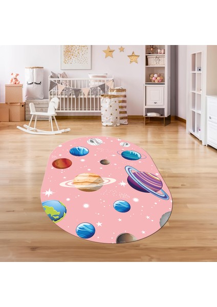 Dijital Baskılı Kaymaz Yıkanabilir Eğlenceli Eğitici Oval Çocuk Odası Halısı, N-O-Çocuk-38-Pembe,