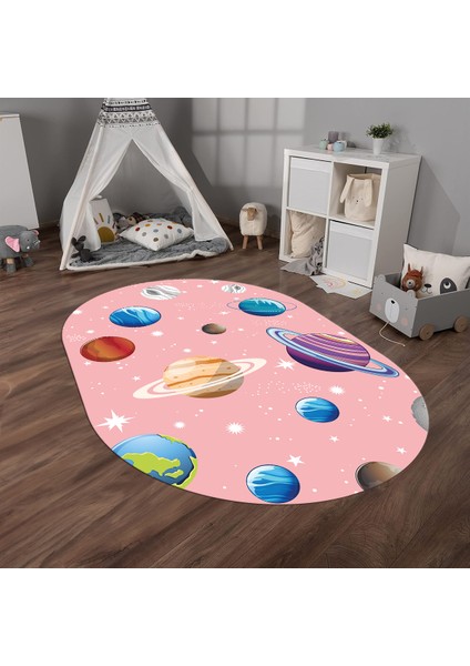 Dijital Baskılı Kaymaz Yıkanabilir Eğlenceli Eğitici Oval Çocuk Odası Halısı, N-O-Çocuk-38-Pembe,
