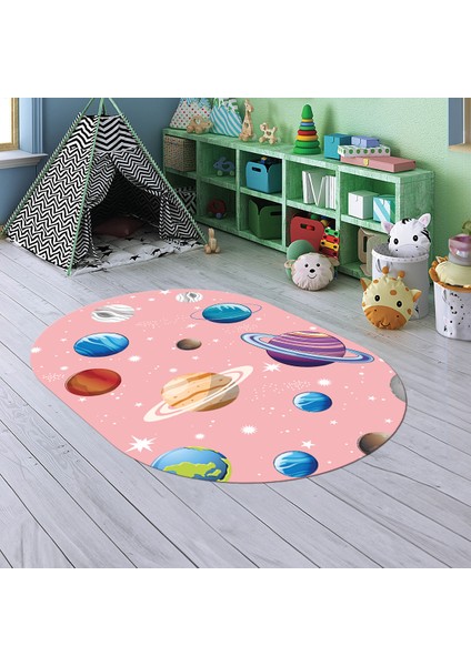 Dijital Baskılı Kaymaz Yıkanabilir Eğlenceli Eğitici Oval Çocuk Odası Halısı, N-O-Çocuk-38-Pembe,