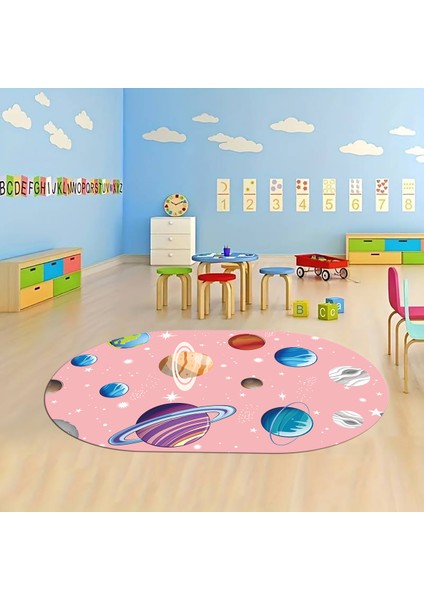 Dijital Baskılı Kaymaz Yıkanabilir Eğlenceli Eğitici Oval Çocuk Odası Halısı, N-O-Çocuk-38-Pembe,