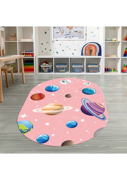 Dijital Baskılı Kaymaz Yıkanabilir Eğlenceli Eğitici Oval Çocuk Odası Halısı, N-O-Çocuk-38-Pembe,