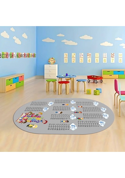 Dijital Baskılı Kaymaz Yıkanabilir Eğlenceli Eğitici Oval Çocuk Odası Halısı, N-O-Çocuk-05-Gri,
