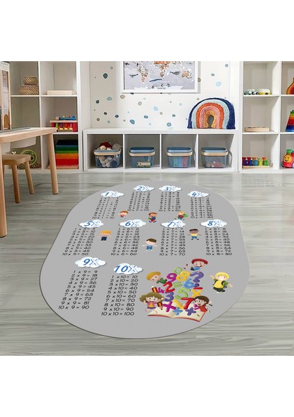 Dijital Baskılı Kaymaz Yıkanabilir Eğlenceli Eğitici Oval Çocuk Odası Halısı, N-O-Çocuk-05-Gri,