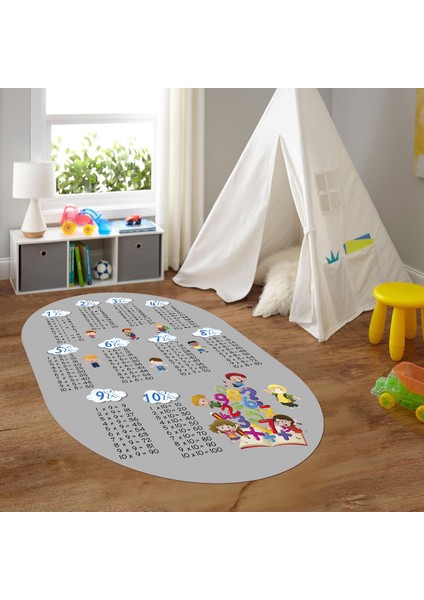 Dijital Baskılı Kaymaz Yıkanabilir Eğlenceli Eğitici Oval Çocuk Odası Halısı, N-O-Çocuk-05-Gri,