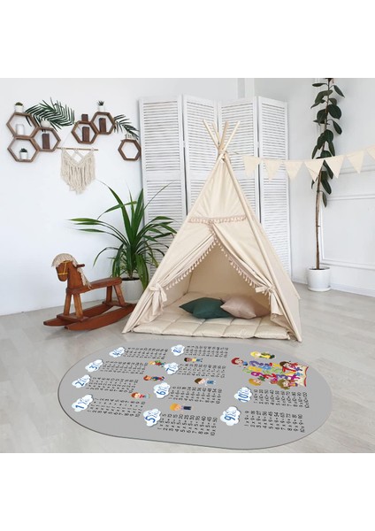 Dijital Baskılı Kaymaz Yıkanabilir Eğlenceli Eğitici Oval Çocuk Odası Halısı, N-O-Çocuk-05-Gri,