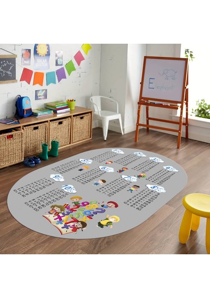 Dijital Baskılı Kaymaz Yıkanabilir Eğlenceli Eğitici Oval Çocuk Odası Halısı, N-O-Çocuk-05-Gri,