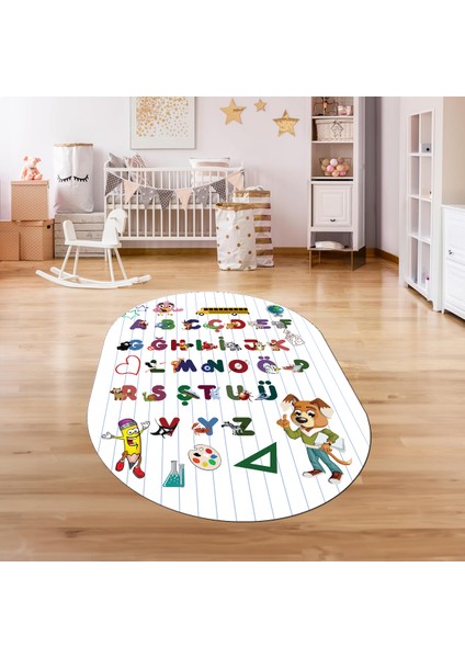 Dijital Baskılı Kaymaz Yıkanabilir Eğlenceli Eğitici Oval Çocuk Odası Halısı, N-O-Çocuk-33-Beyaz,