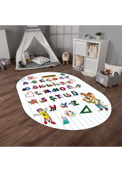 Dijital Baskılı Kaymaz Yıkanabilir Eğlenceli Eğitici Oval Çocuk Odası Halısı, N-O-Çocuk-33-Beyaz, fiyatları