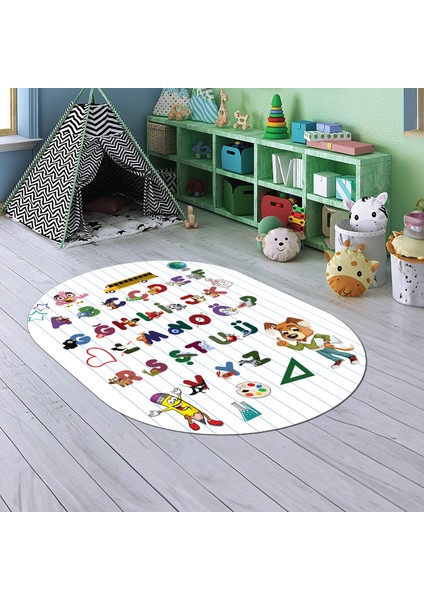Dijital Baskılı Kaymaz Yıkanabilir Eğlenceli Eğitici Oval Çocuk Odası Halısı, N-O-Çocuk-33-Beyaz, modelleri