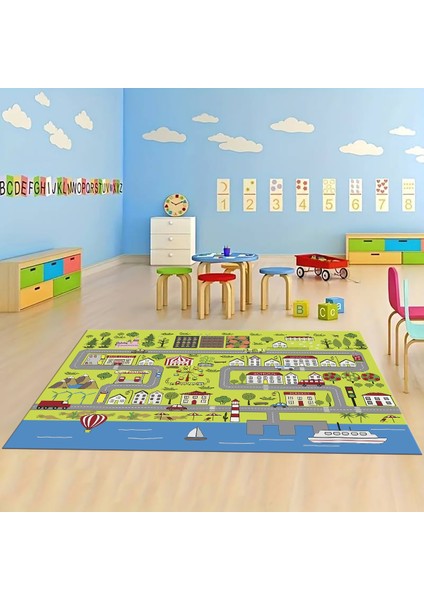 Dijital Baskılı Kaymaz Taban Yıkanabilir Eğlenceli Eğitici Çocuk Odası Halısı, N-Çocuk-07-Yeşil,