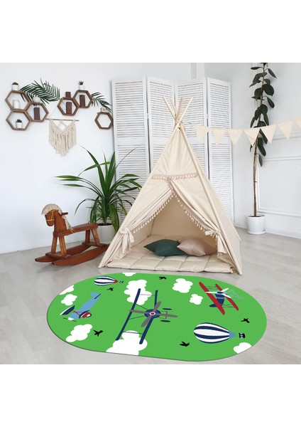 Dijital Baskılı Kaymaz Yıkanabilir Eğlenceli Eğitici Oval Çocuk Odası Halısı, N-O-Çocuk-23-Yeşil,