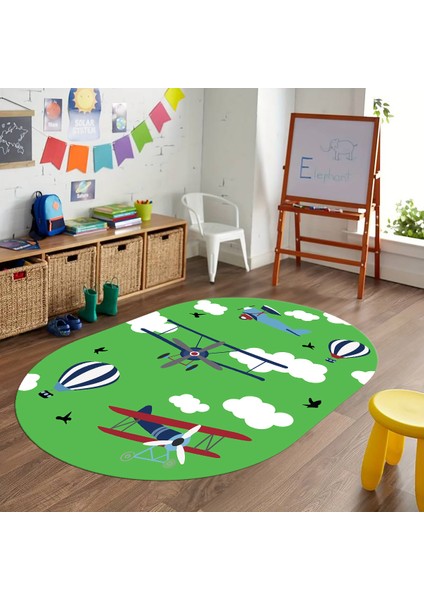 Dijital Baskılı Kaymaz Yıkanabilir Eğlenceli Eğitici Oval Çocuk Odası Halısı, N-O-Çocuk-23-Yeşil,