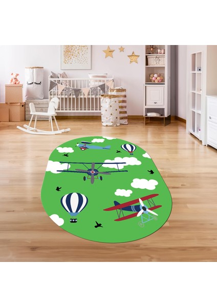 Dijital Baskılı Kaymaz Yıkanabilir Eğlenceli Eğitici Oval Çocuk Odası Halısı, N-O-Çocuk-23-Yeşil,