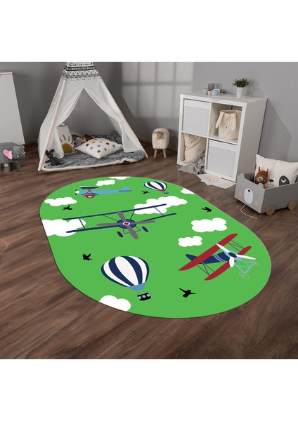 Dijital Baskılı Kaymaz Yıkanabilir Eğlenceli Eğitici Oval Çocuk Odası Halısı, N-O-Çocuk-23-Yeşil,