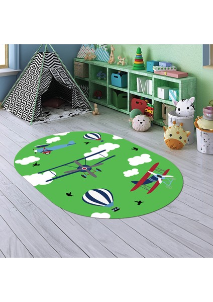 Dijital Baskılı Kaymaz Yıkanabilir Eğlenceli Eğitici Oval Çocuk Odası Halısı, N-O-Çocuk-23-Yeşil,