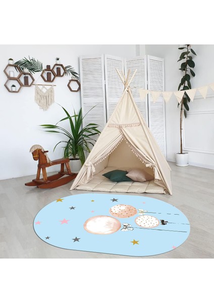Dijital Baskılı Kaymaz Yıkanabilir Eğlenceli Eğitici Oval Çocuk Odası Halısı, N-O-Çocuk-24-Mavi,