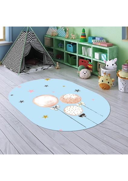 Dijital Baskılı Kaymaz Yıkanabilir Eğlenceli Eğitici Oval Çocuk Odası Halısı, N-O-Çocuk-24-Mavi,