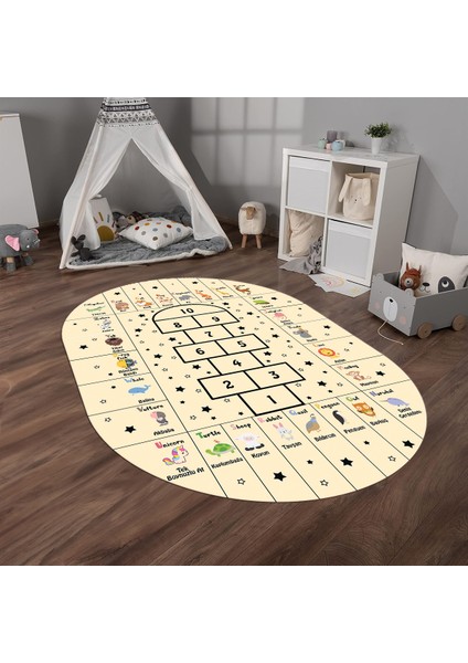 Dijital Baskılı Kaymaz Yıkanabilir Eğlenceli Eğitici Oval Çocuk Odası Halısı, N-O-Çocuk-36-Krem,