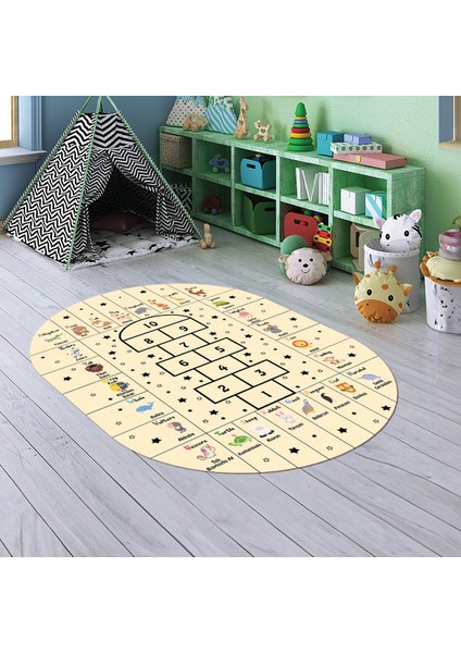 Dijital Baskılı Kaymaz Yıkanabilir Eğlenceli Eğitici Oval Çocuk Odası Halısı, N-O-Çocuk-36-Krem,