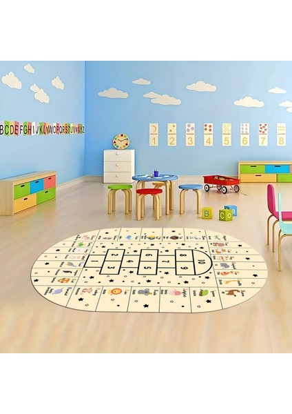 Dijital Baskılı Kaymaz Yıkanabilir Eğlenceli Eğitici Oval Çocuk Odası Halısı, N-O-Çocuk-36-Krem,