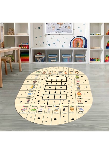 Dijital Baskılı Kaymaz Yıkanabilir Eğlenceli Eğitici Oval Çocuk Odası Halısı, N-O-Çocuk-36-Krem,