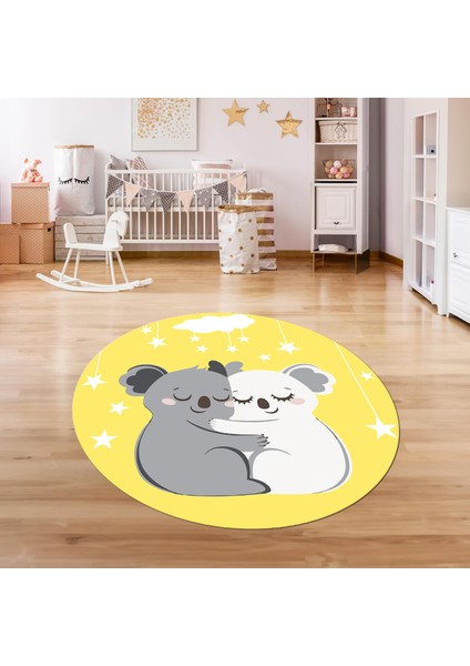 Dijital Baskılı Kaymaz Yıkanabilir Eğlenceli Yuvarlak Çocuk Odası Halısı, N-Y-Çocuk-22-Sarı,