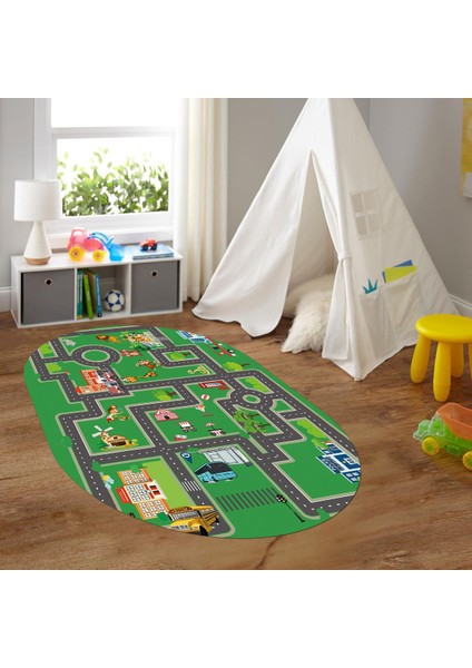 Dijital Baskılı Kaymaz Yıkanabilir Eğlenceli Eğitici Oval Çocuk Odası Halısı, N-O-Çocuk-20-Yeşil,