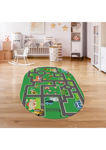 Dijital Baskılı Kaymaz Yıkanabilir Eğlenceli Eğitici Oval Çocuk Odası Halısı, N-O-Çocuk-20-Yeşil, fırsatları