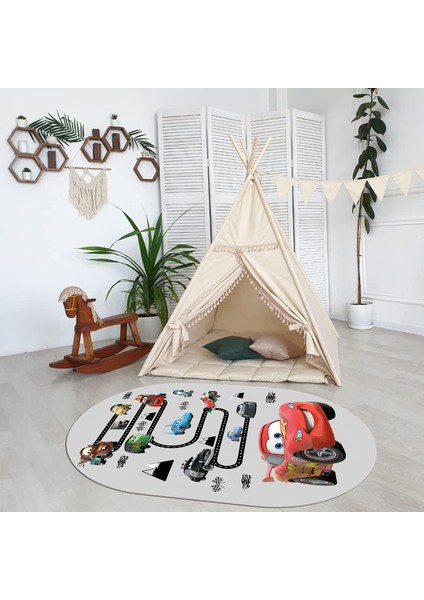 Dijital Baskılı Kaymaz Yıkanabilir Eğlenceli Eğitici Oval Çocuk Odası Halısı, N-O-Çocuk-03-Gri,
