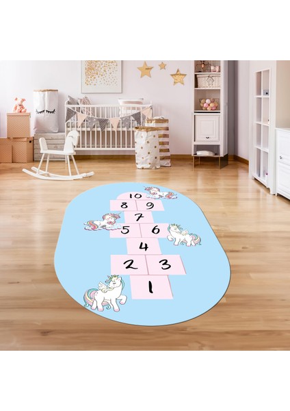 Dijital Baskılı Kaymaz Yıkanabilir Eğlenceli Eğitici Oval Çocuk Odası Halısı, N-O-Çocuk-37-Mavi,