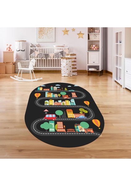 Dijital Baskılı Kaymaz Yıkanabilir Eğlenceli Eğitici Oval Çocuk Odası Halısı, N-O-Çocuk-18-Antrasit, fırsatları