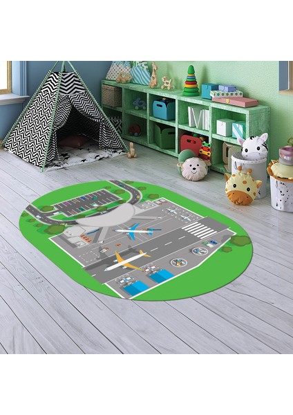Dijital Baskılı Kaymaz Yıkanabilir Eğlenceli Eğitici Oval Çocuk Odası Halısı, N-O-Çocuk-50-Yeşil,