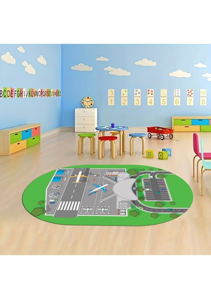 Dijital Baskılı Kaymaz Yıkanabilir Eğlenceli Eğitici Oval Çocuk Odası Halısı, N-O-Çocuk-50-Yeşil,
